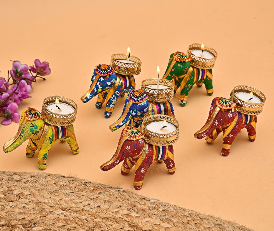 Elephant Tealight Candle Holder Stand Set - Diwali Decoration Items for Home Decor Diyas Indoor Outdoor Office Gifting - Diwali Décor (Multicolor)